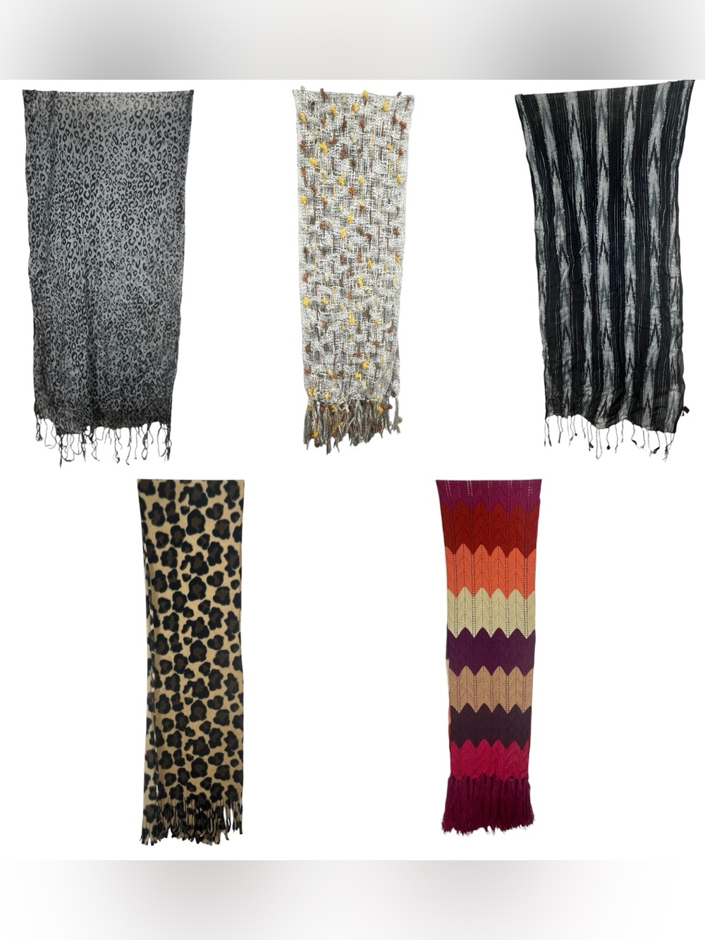 Lot of 5 Women’s Fashion Scarves Leopard Print,‎ Knit & Neutral Scarves